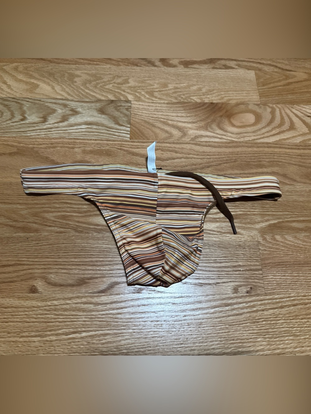 Striped Brown Men's Swim Thong with Drawstring